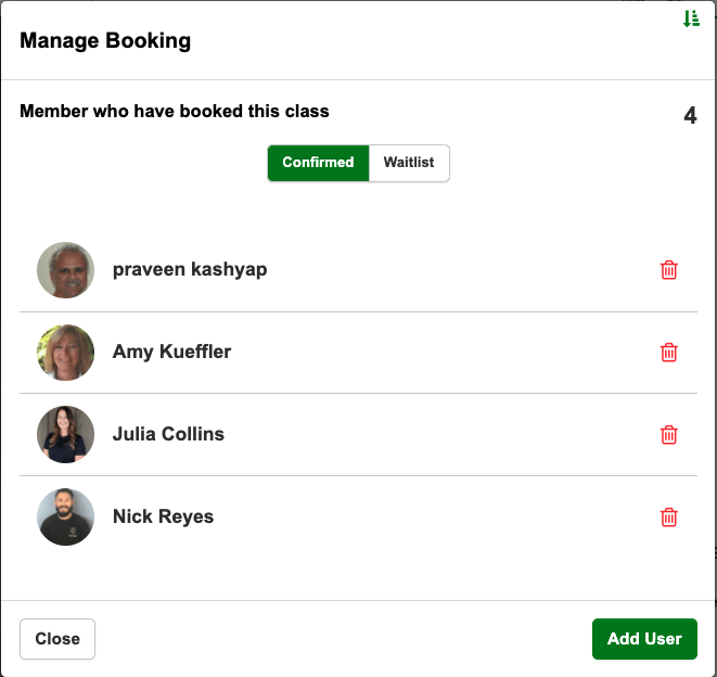 Manage Booking, Add User, Delete User