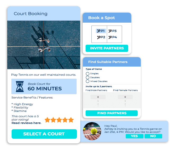 Tennis and Pickleball Software - Book a Court and Match Arranging - Pick a court, find and invite partners, split court fees
